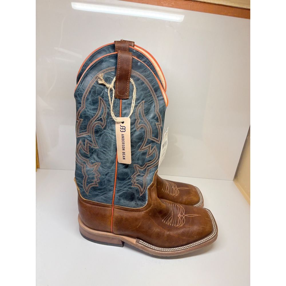 Anderson Bean Mens 8.5D Briar Brown Teal Wide Square Toe Cowboy Boots AB2327A